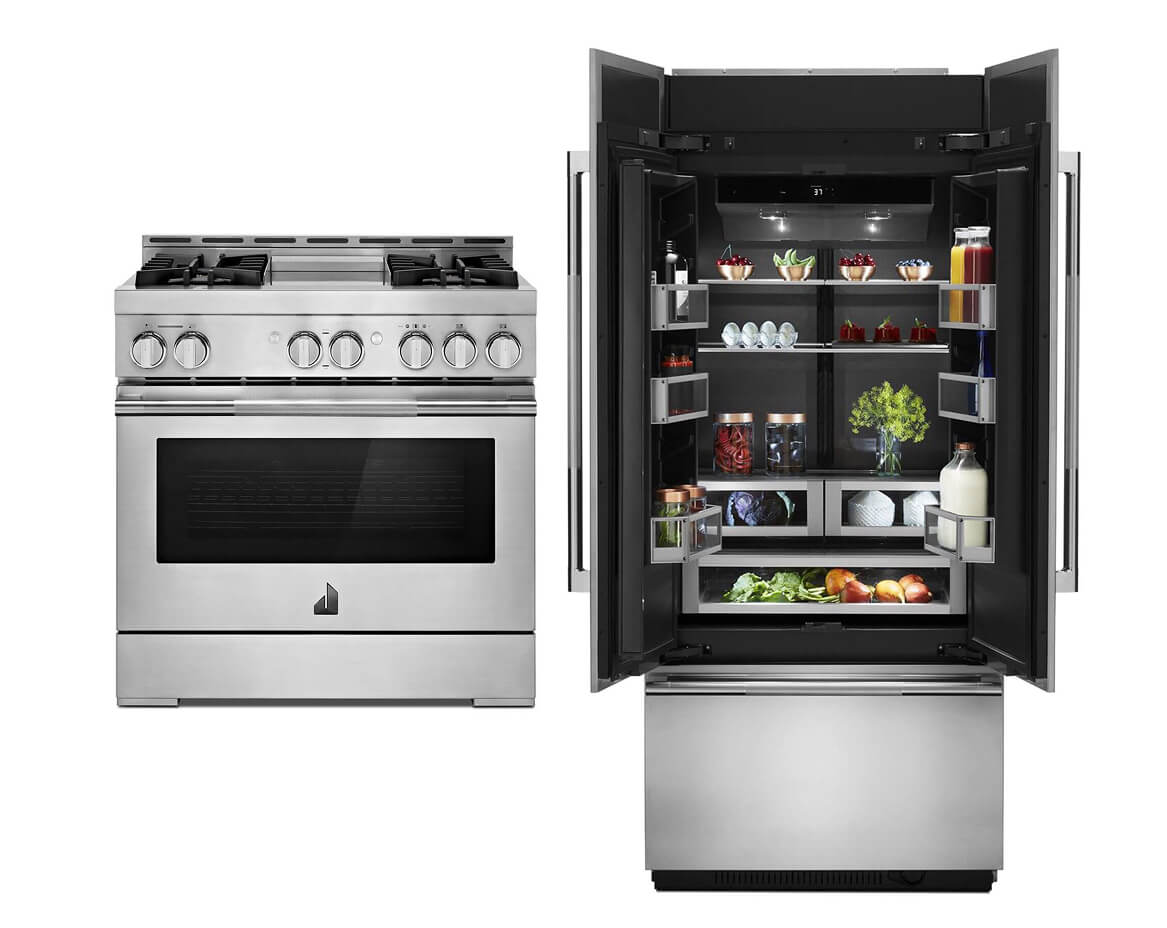 A JennAir® RISE™ Professional Range and a Built-In French Door Refrigerator.