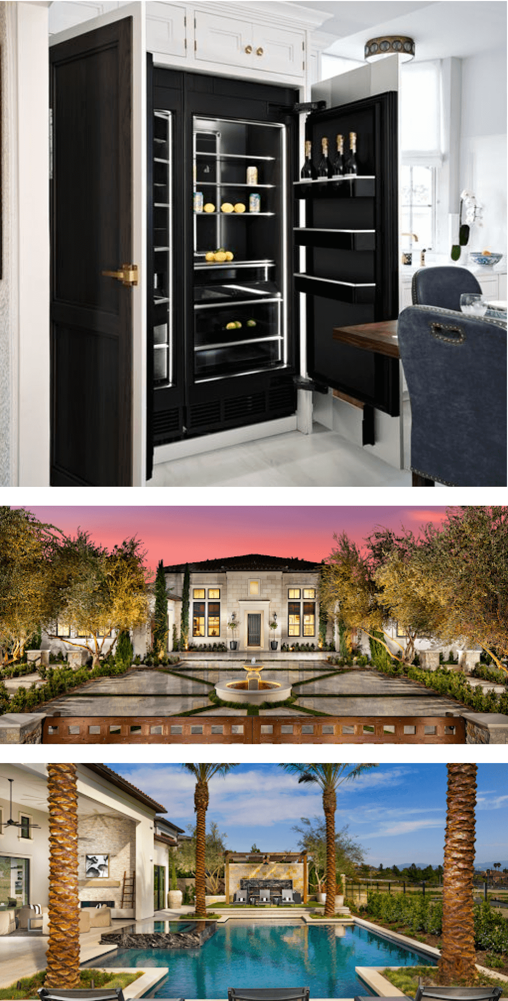 Photo of column refrigerators in a white kitchen, Photo of the residence's courtyard, Photo of a swimming pool at the community