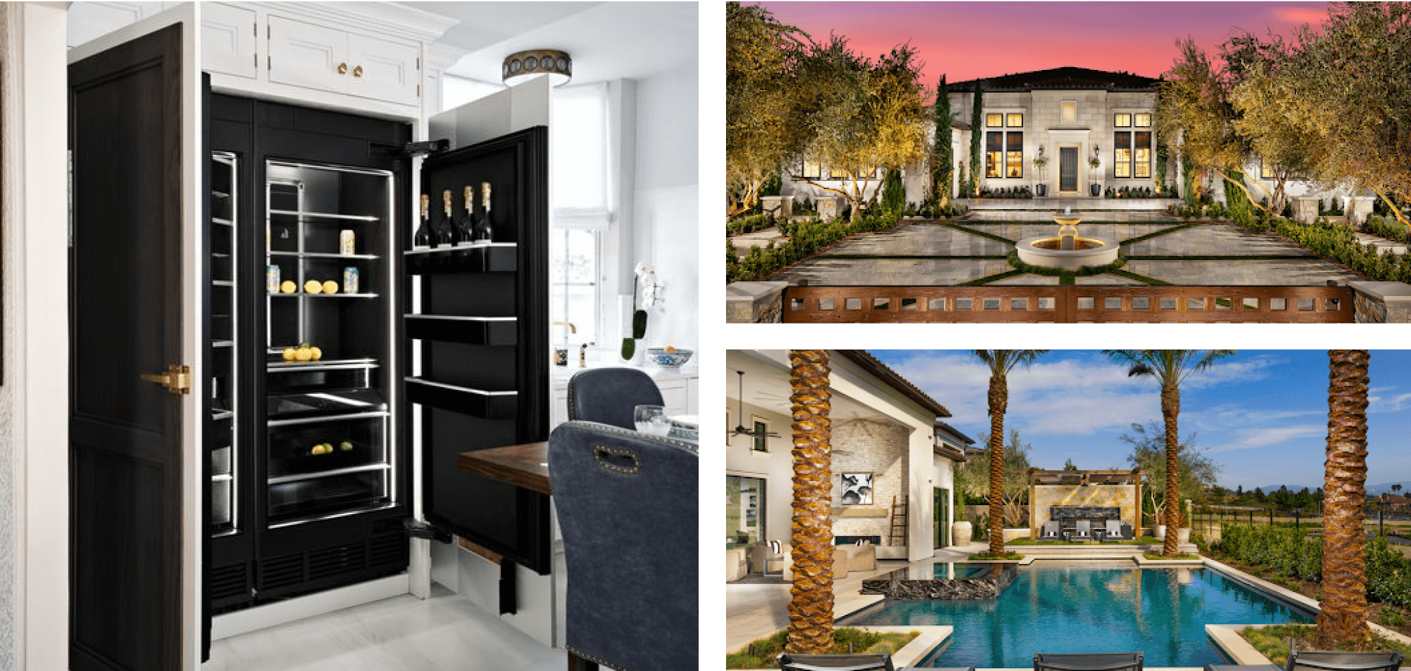 Photo of column refrigerators in a white kitchen, Photo of the residence's courtyard, Photo of a swimming pool at the community