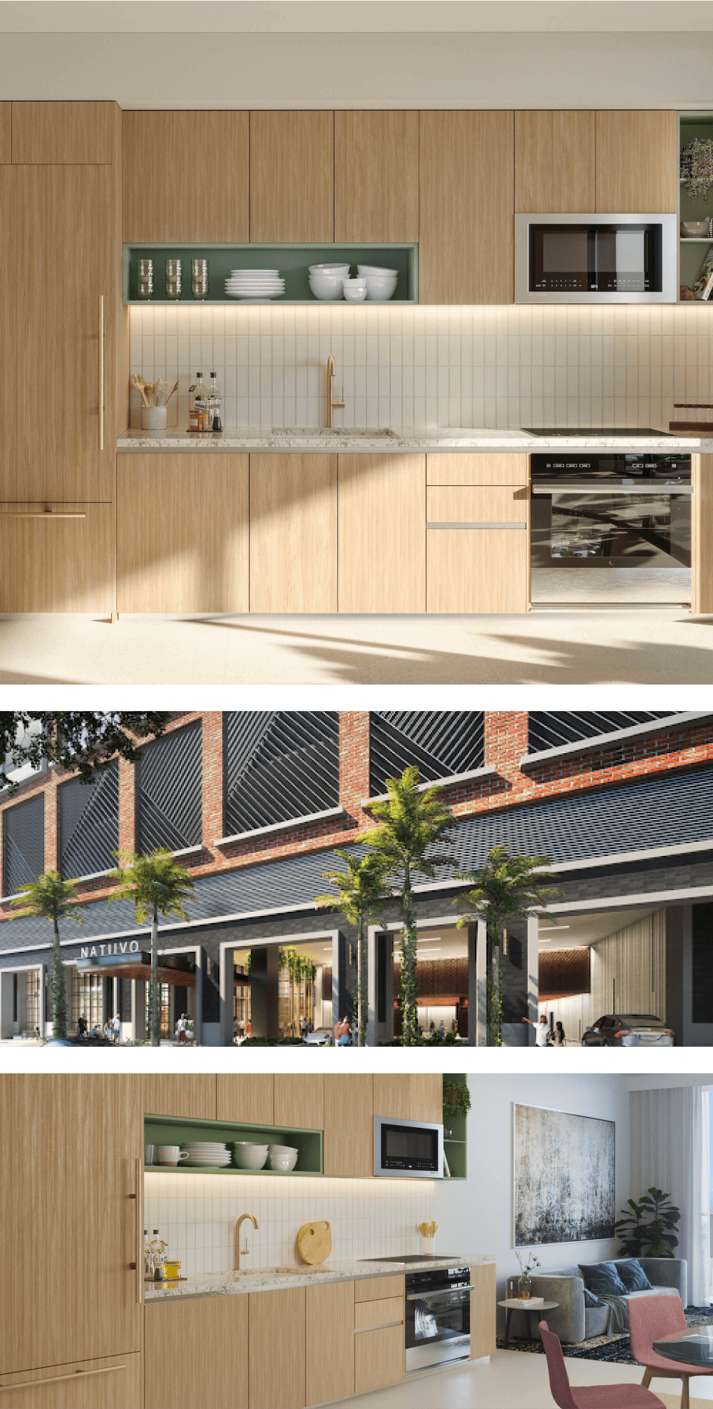 Photo of cabinets housing a JennAir wall oven, Photo of the tower's exterior, Another angle of the kitchen cabinets