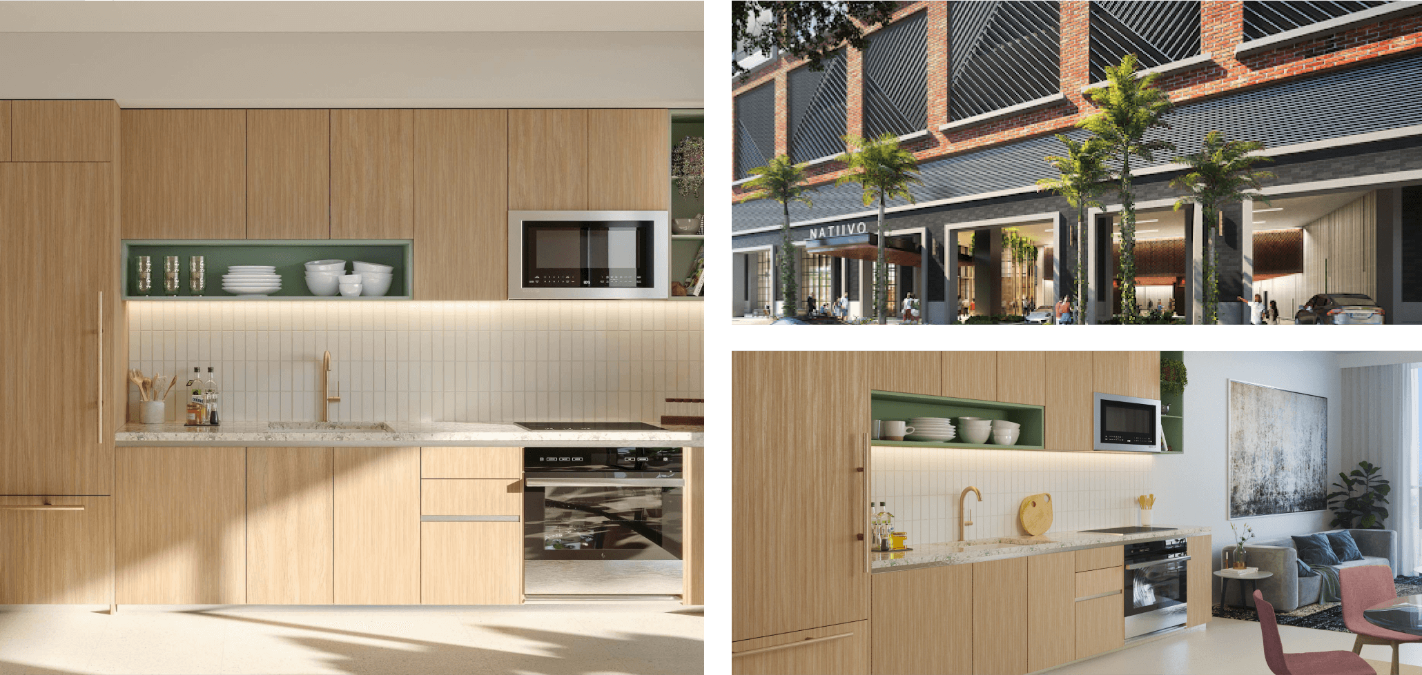 Photo of cabinets housing a JennAir wall oven, Photo of the tower's exterior, Another angle of the kitchen cabinets