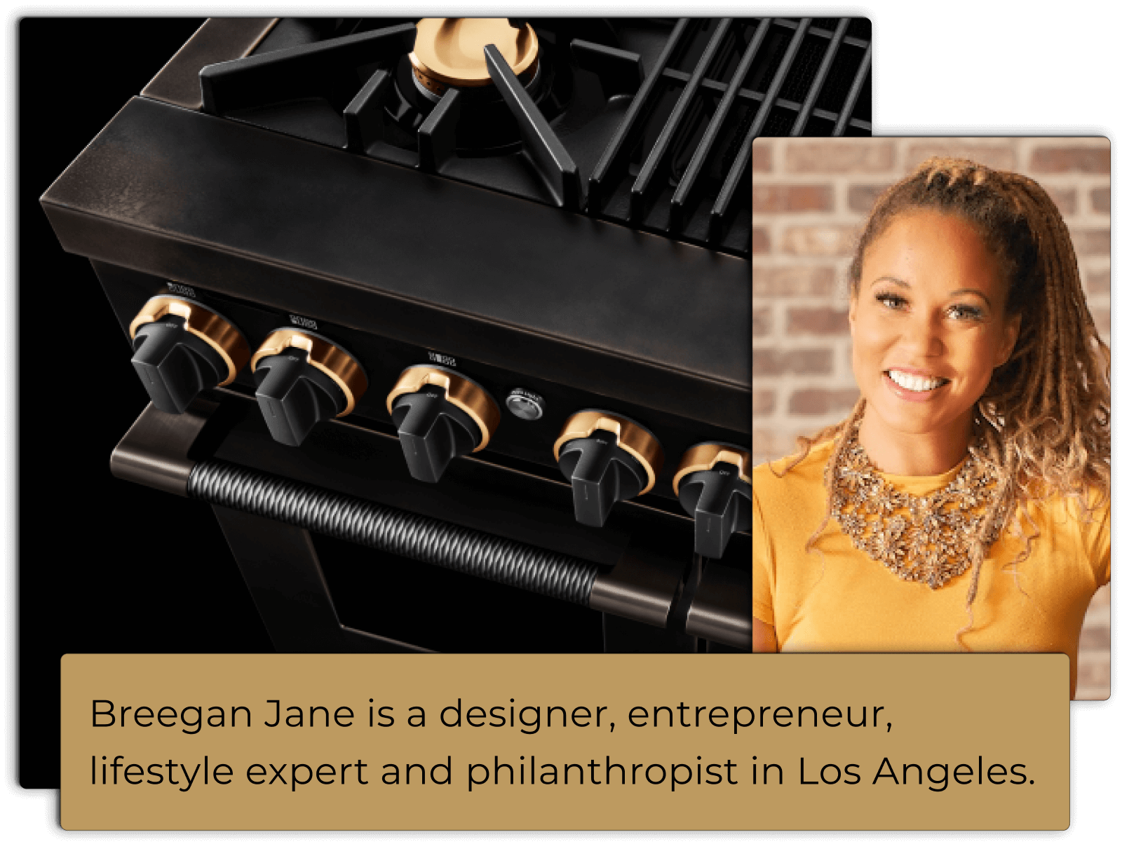 Portrait of Breegan Jane overlayed with a top down view of Smoke & Brass Range