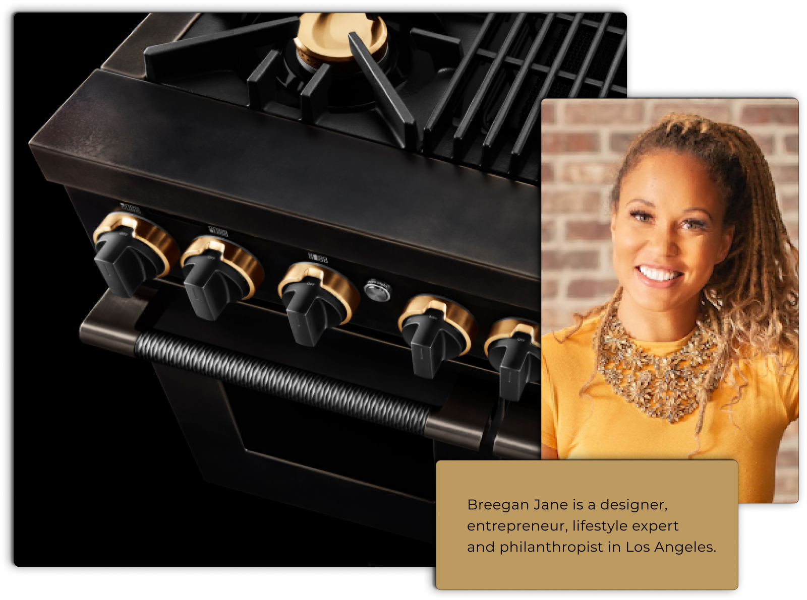 Portrait of Breegan Jane overlayed with a top down view of Smoke & Brass Range