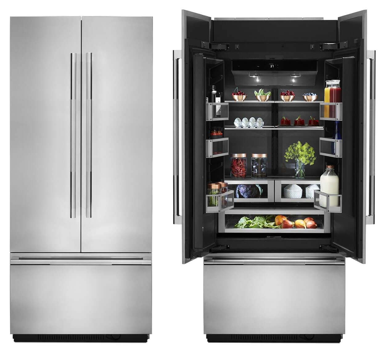 A pair of built-in French door refrigerators.