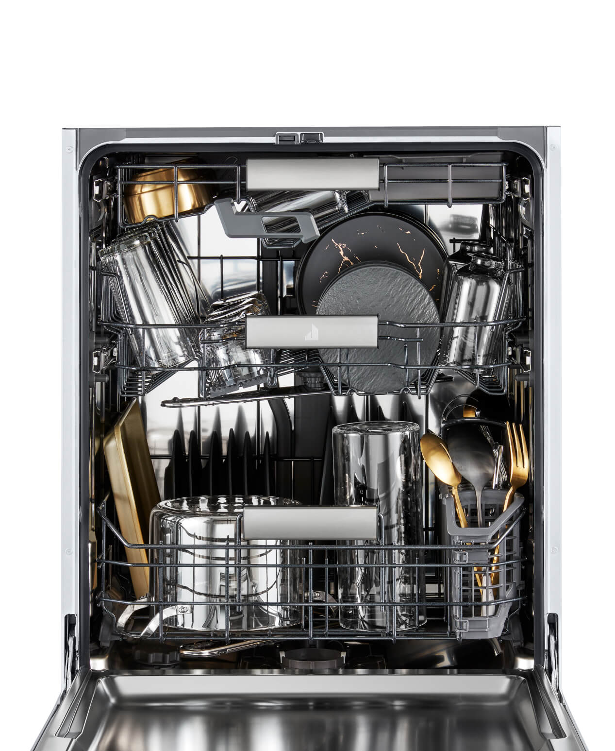 A Rise Dishwasher full of silver and gold dishes.