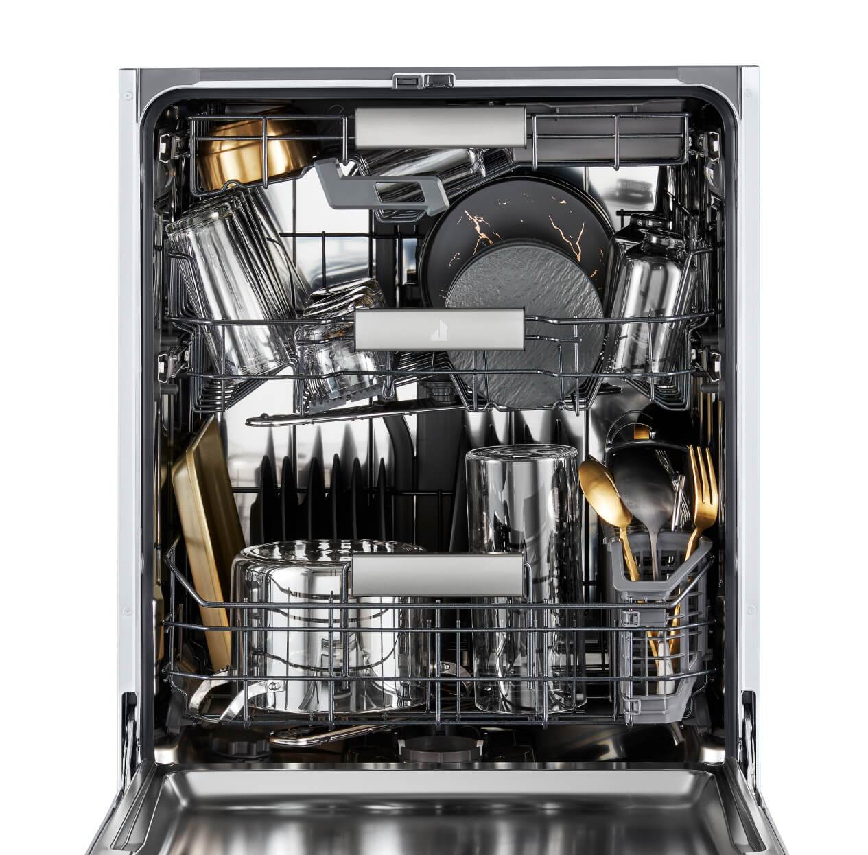 A Rise Dishwasher full of silver and gold dishes.