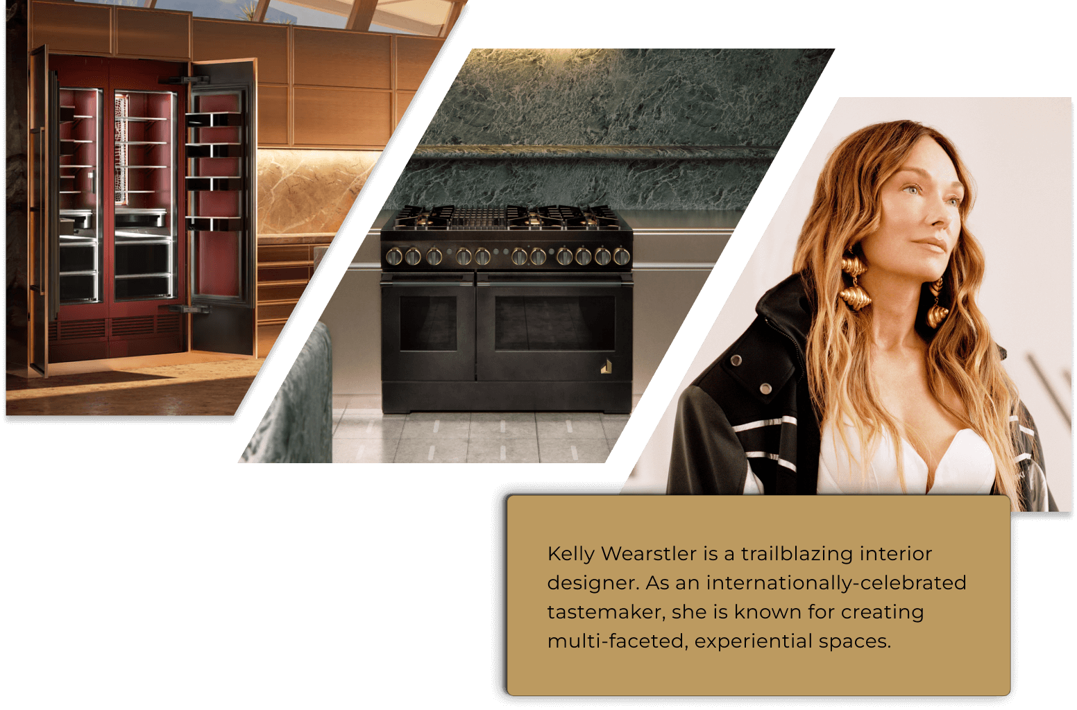 An image of Kelly Wearstler overlayed with two kitchens she designed for the limited-edition statement pieces. 