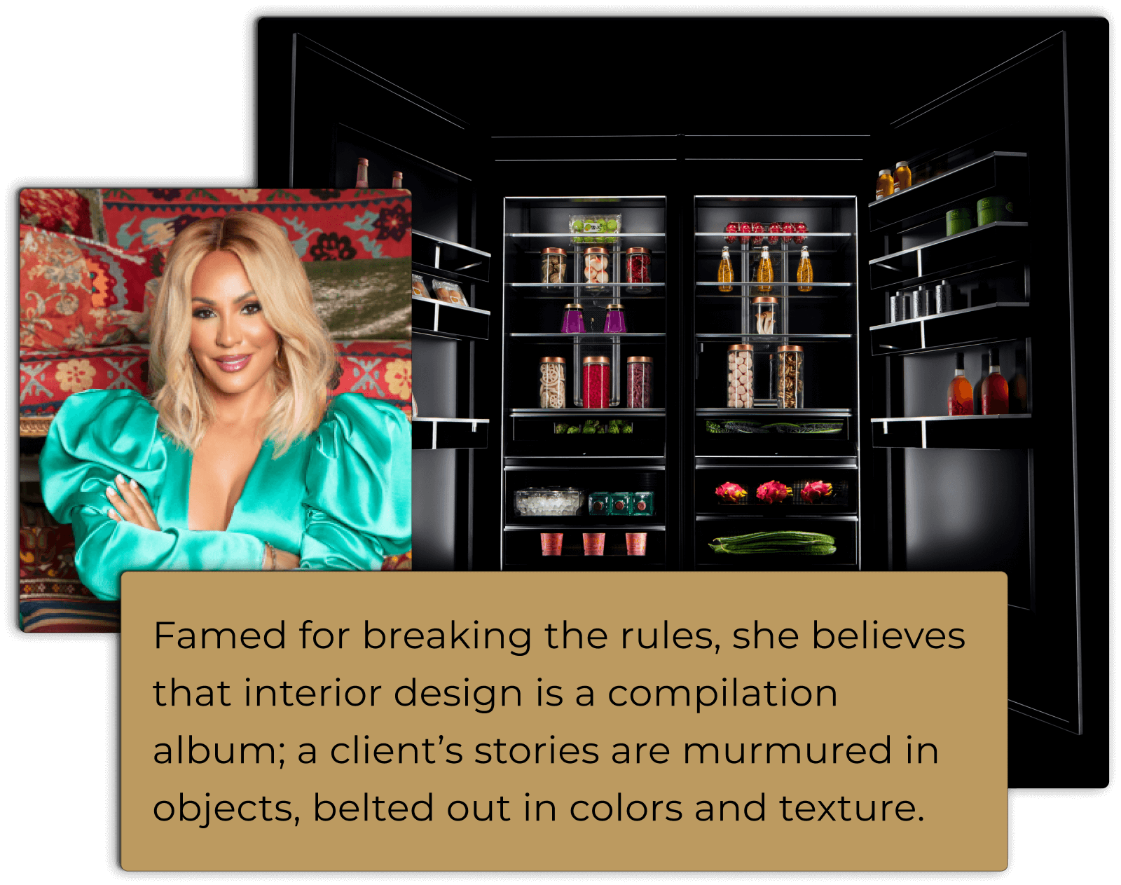 Portrait of Nikki Chu overlayed with the interior of double refrigerator columns