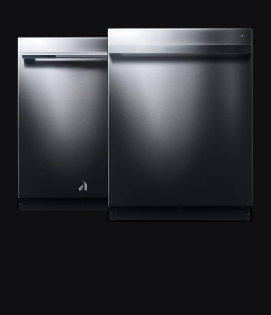 The front of a JennAir® dishwasher with a RISE™ Design panel kit and handle kit.
