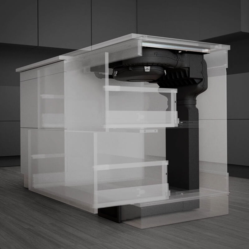 A downdraft induction cooktop ventilates cooking fumes.