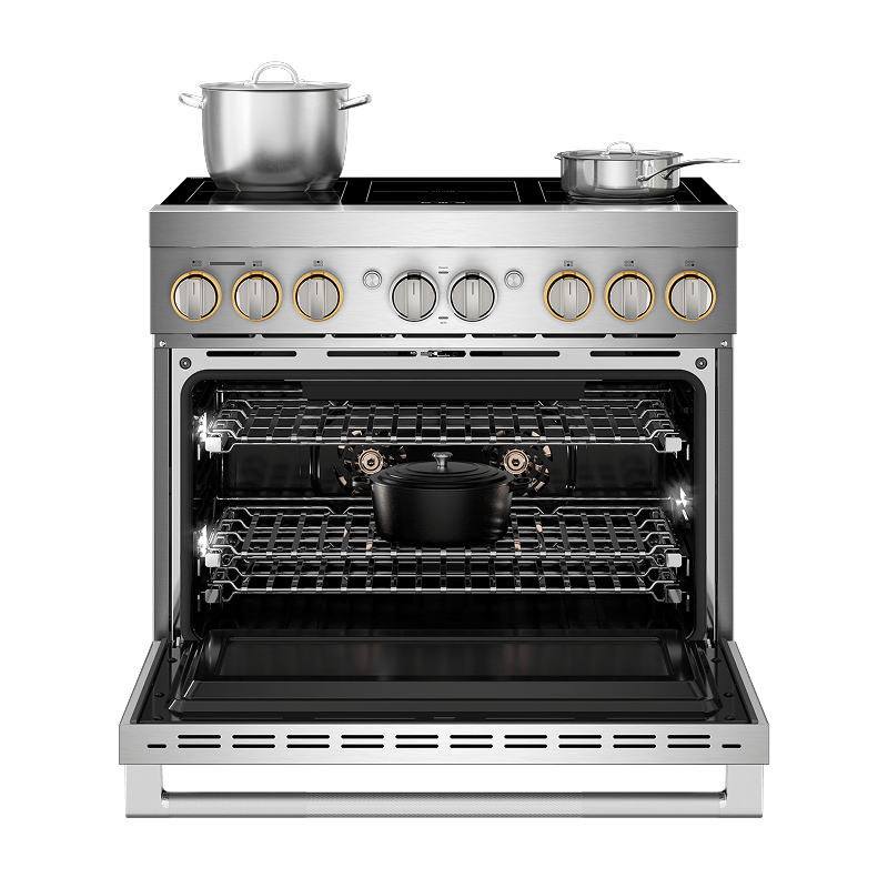 A professional-style induction range with a cooktop surface that remains cool to the touch around active cookware for added safety.