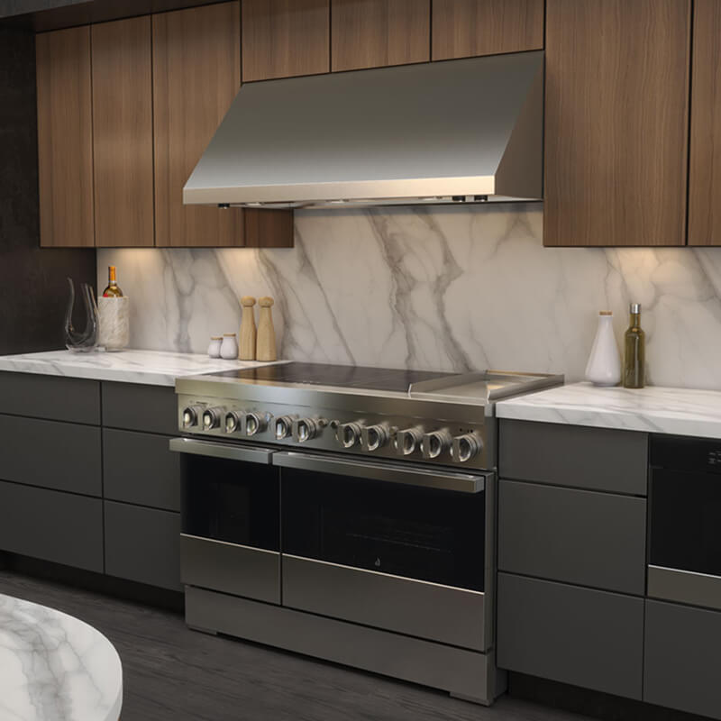 A professional-style induction range with a sleek, smooth glass surface that wipes clean effortlessly.