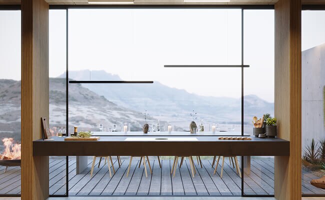 A downdraft induction cooktop on a floating island.