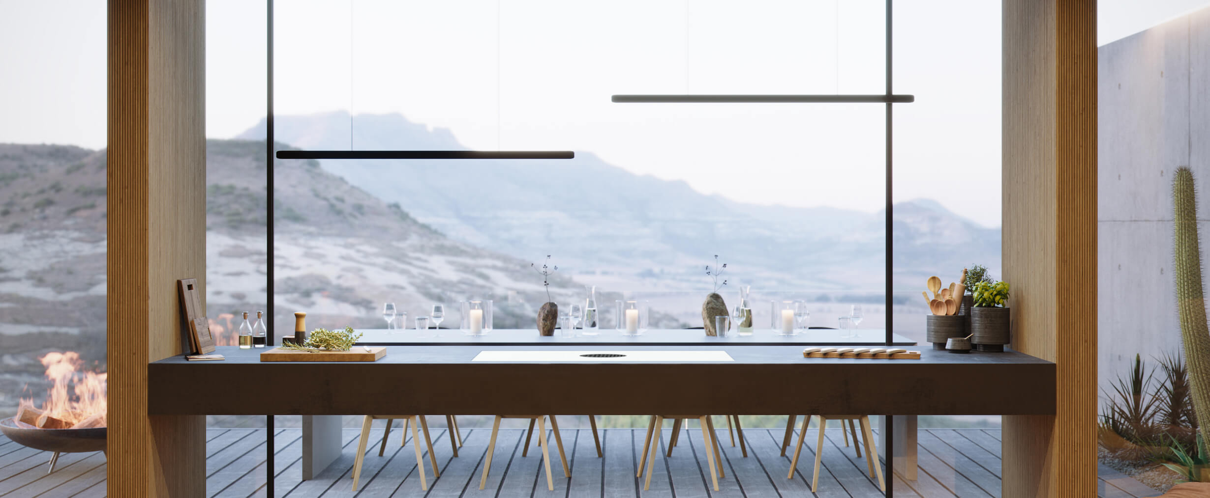 A downdraft induction cooktop on a floating island.