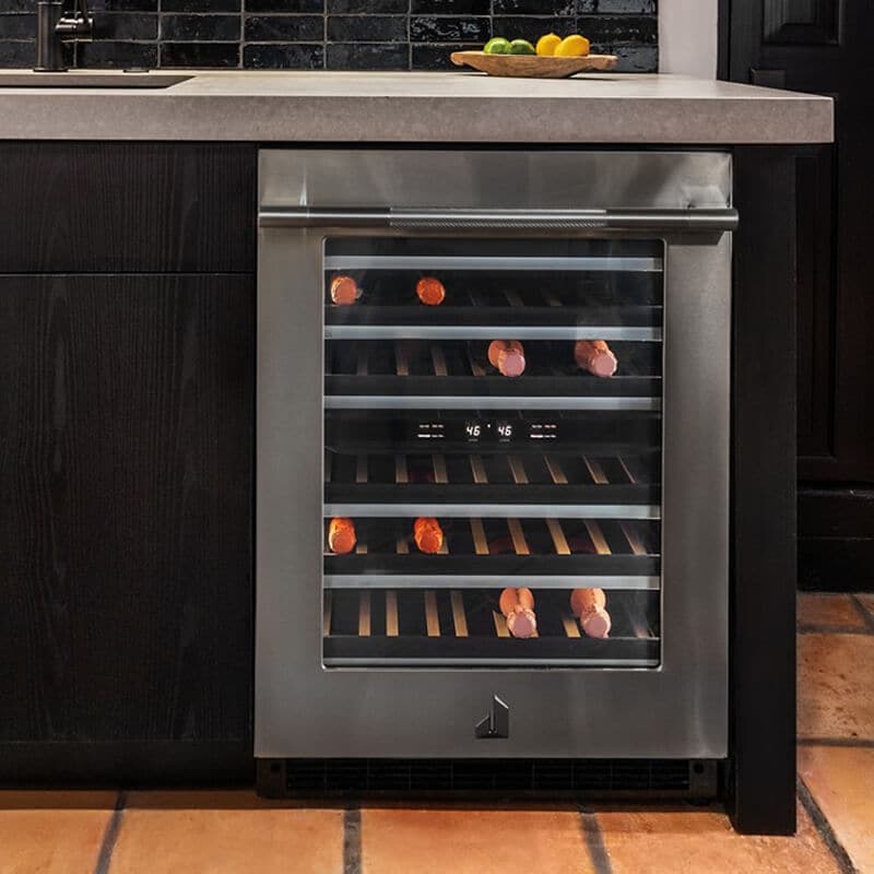 A wet bar with an undercounter wine refrigerator.