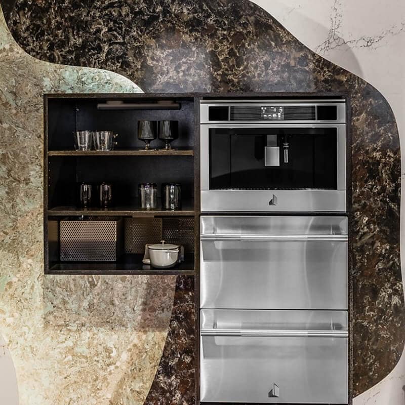 A home bar with a marble and quartz statement wall.