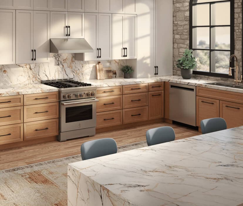 A modern open-concept kitchen with a built-in refrigerator and large kitchen island for entertaining.