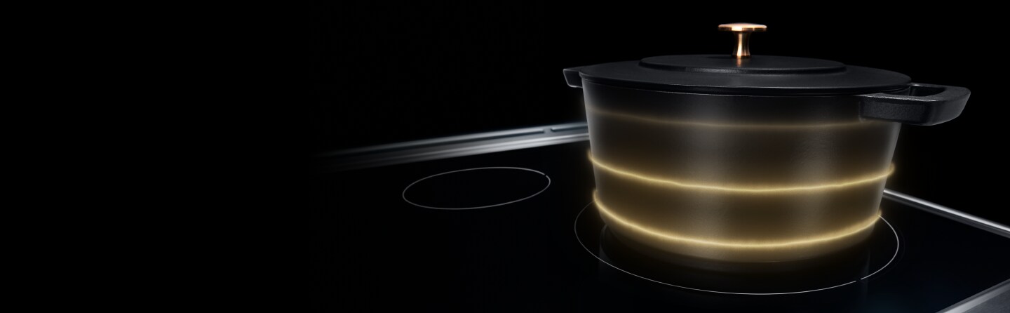 An induction-compatible cast-iron Dutch oven on an induction stovetop.