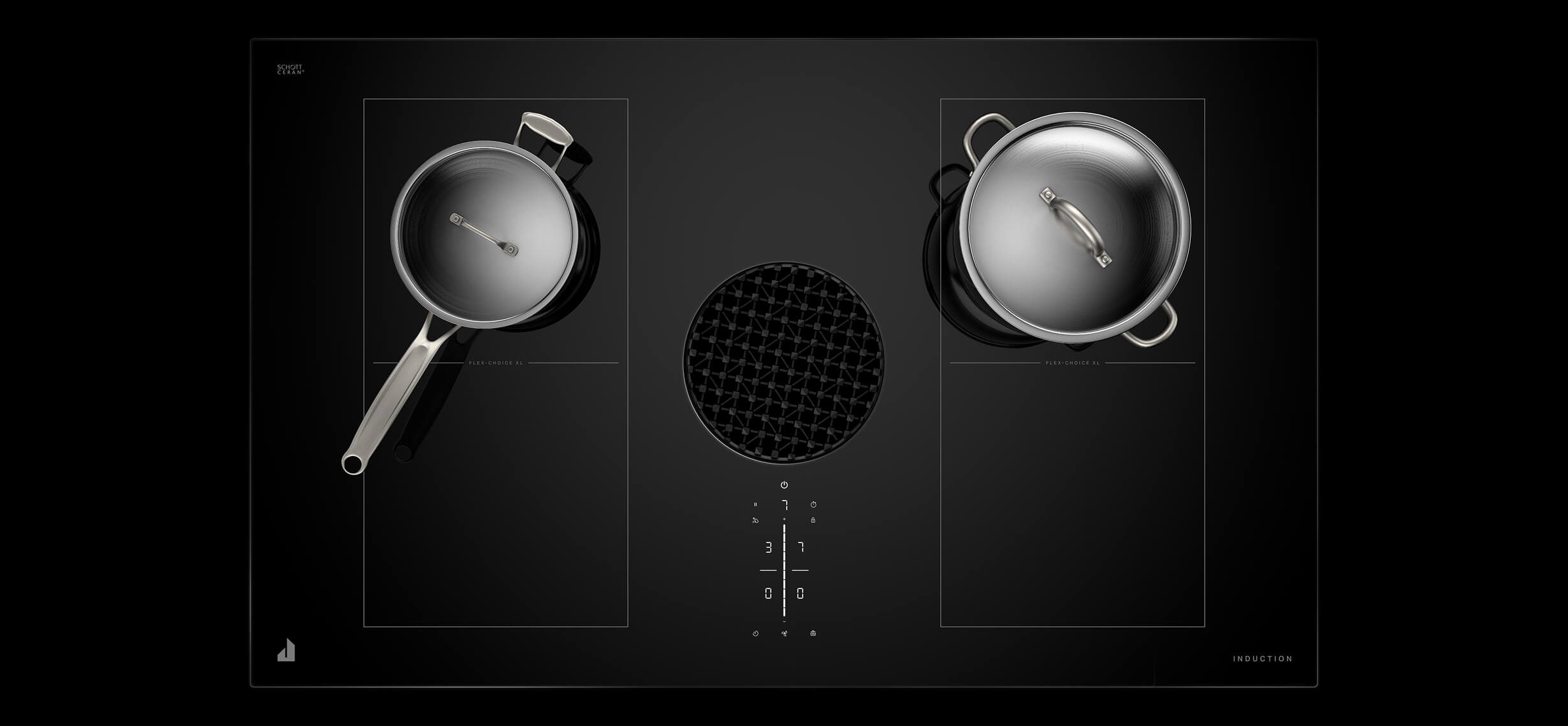 A downdraft induction cooktop with cookware.