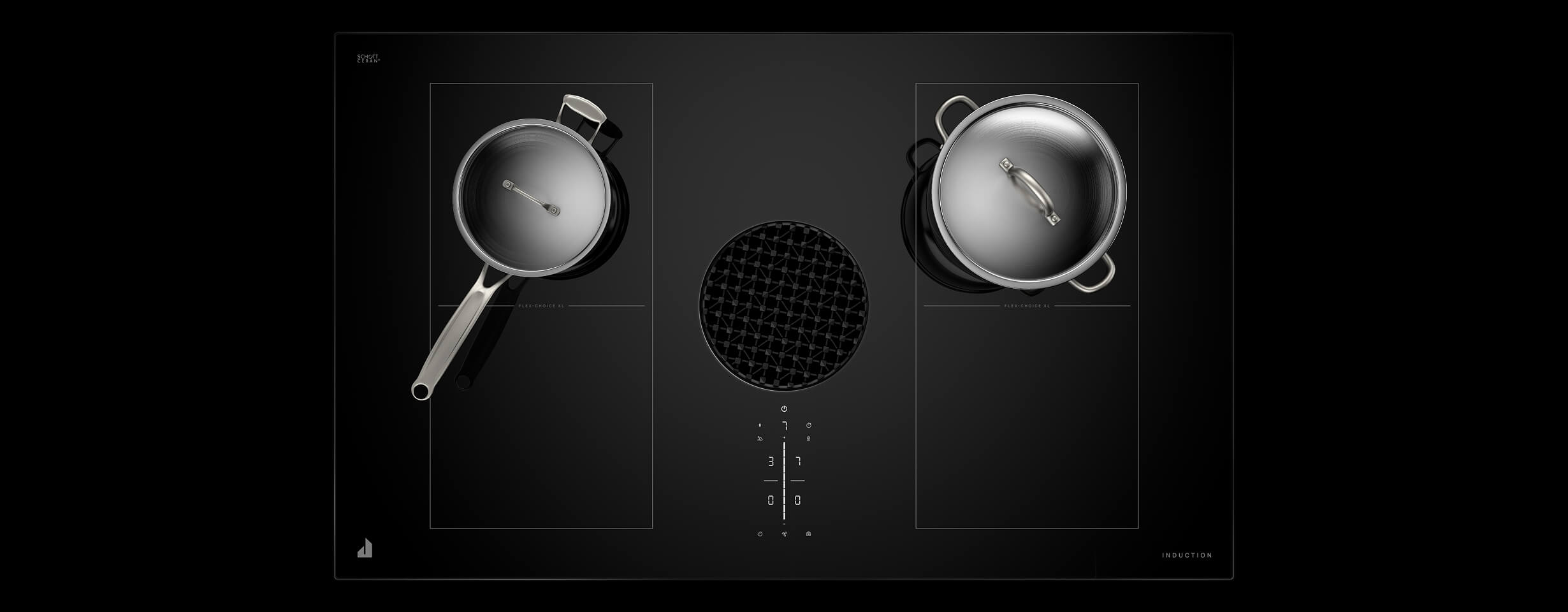 A downdraft induction cooktop with cookware.