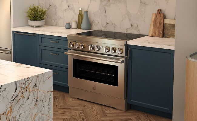 A professional-style induction range in a luxury kitchen.