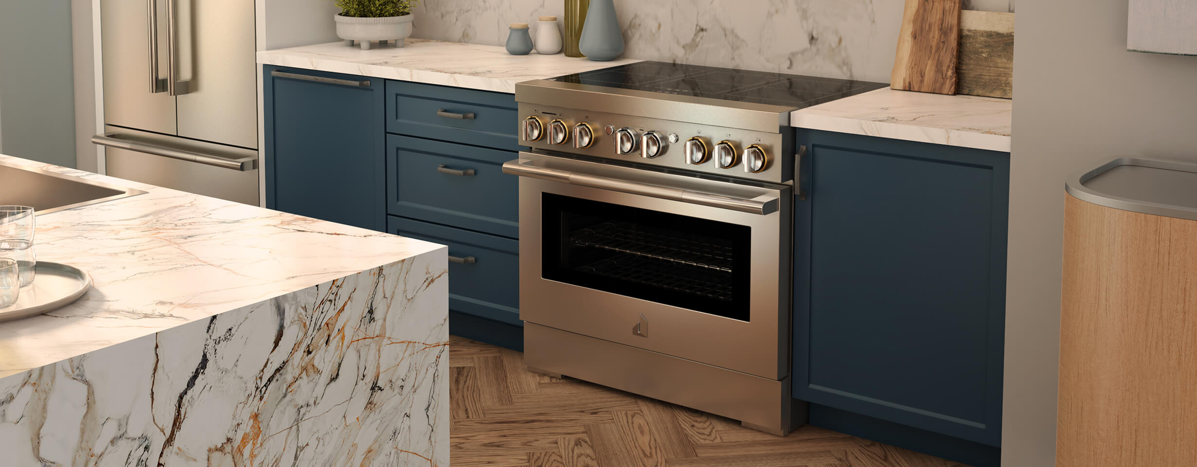 A professional-style induction range in a luxury kitchen.