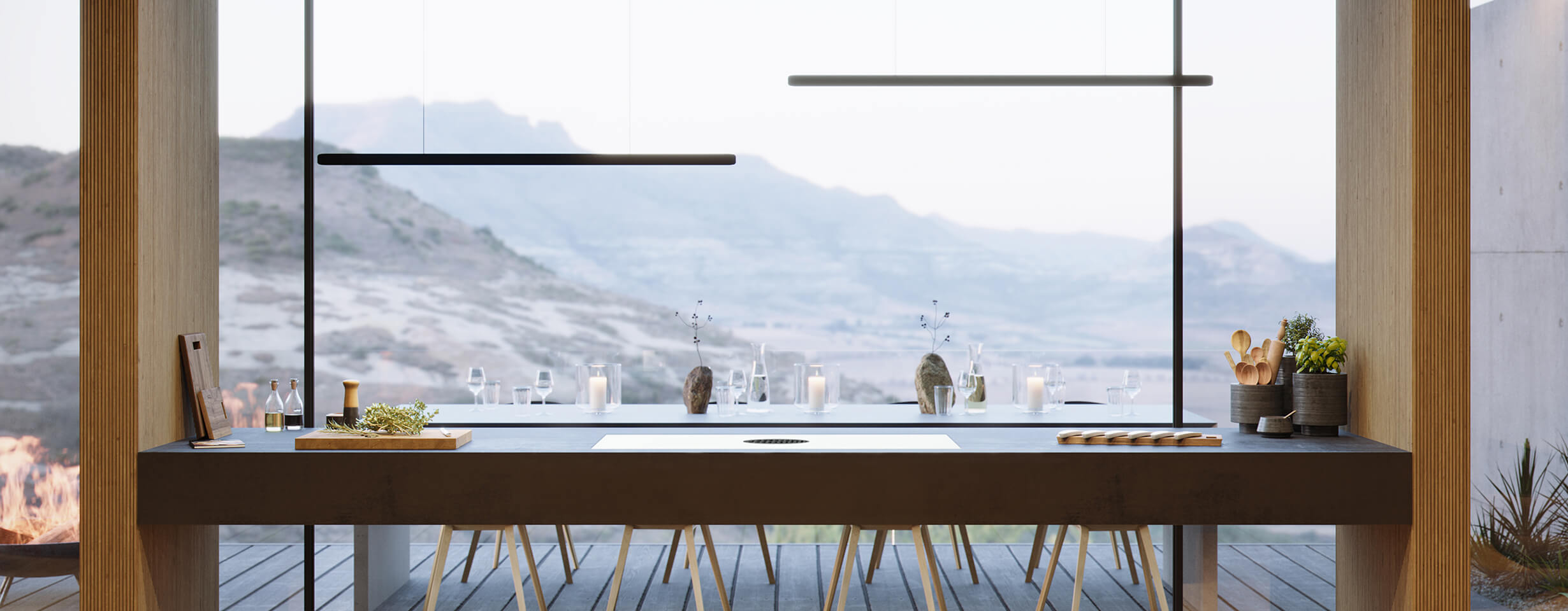 JennAir® NextGen Induction Downdraft Cooktop on a floating kitchen island.