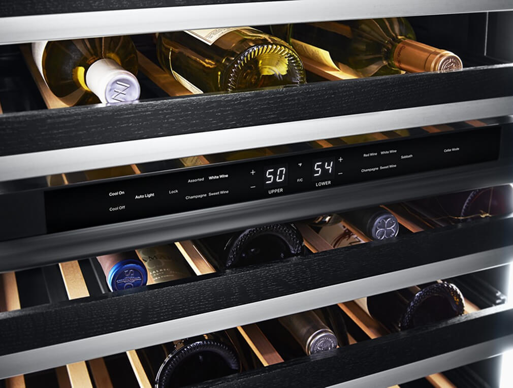 Dual-zone temperature settings on a luxury wine refrigerator.