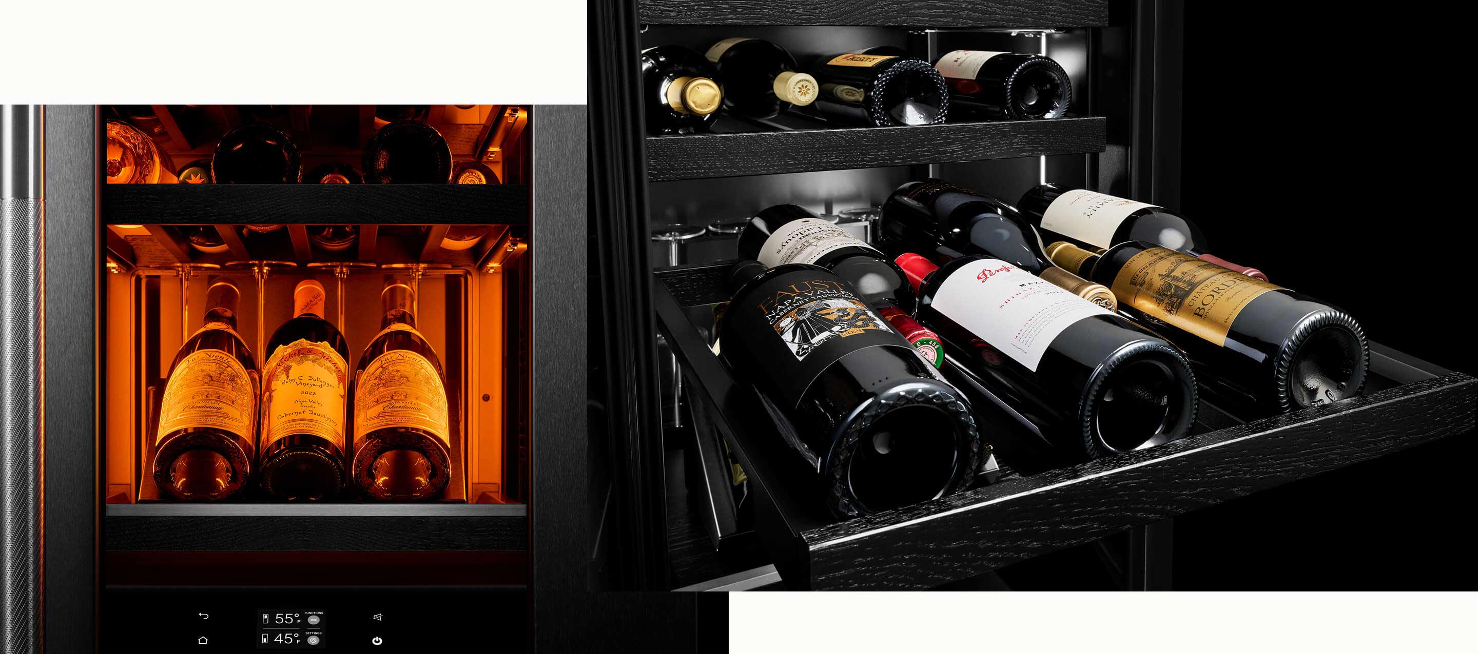 Interior of a JennAir® Undercounter Wine Refrigerator filled with wine bottles