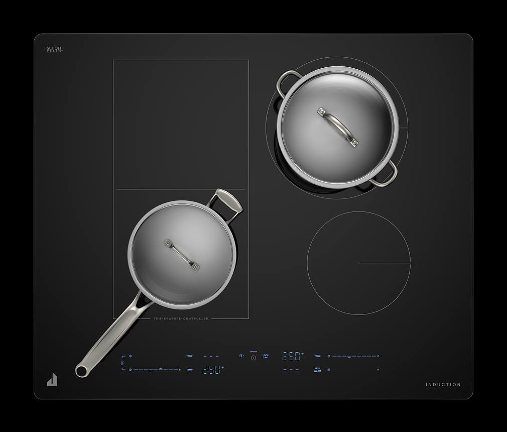 Two stainless steel pots sitting on different elements on the new JennAir® Induction Cooktop with Temperature Controlled Cooking.