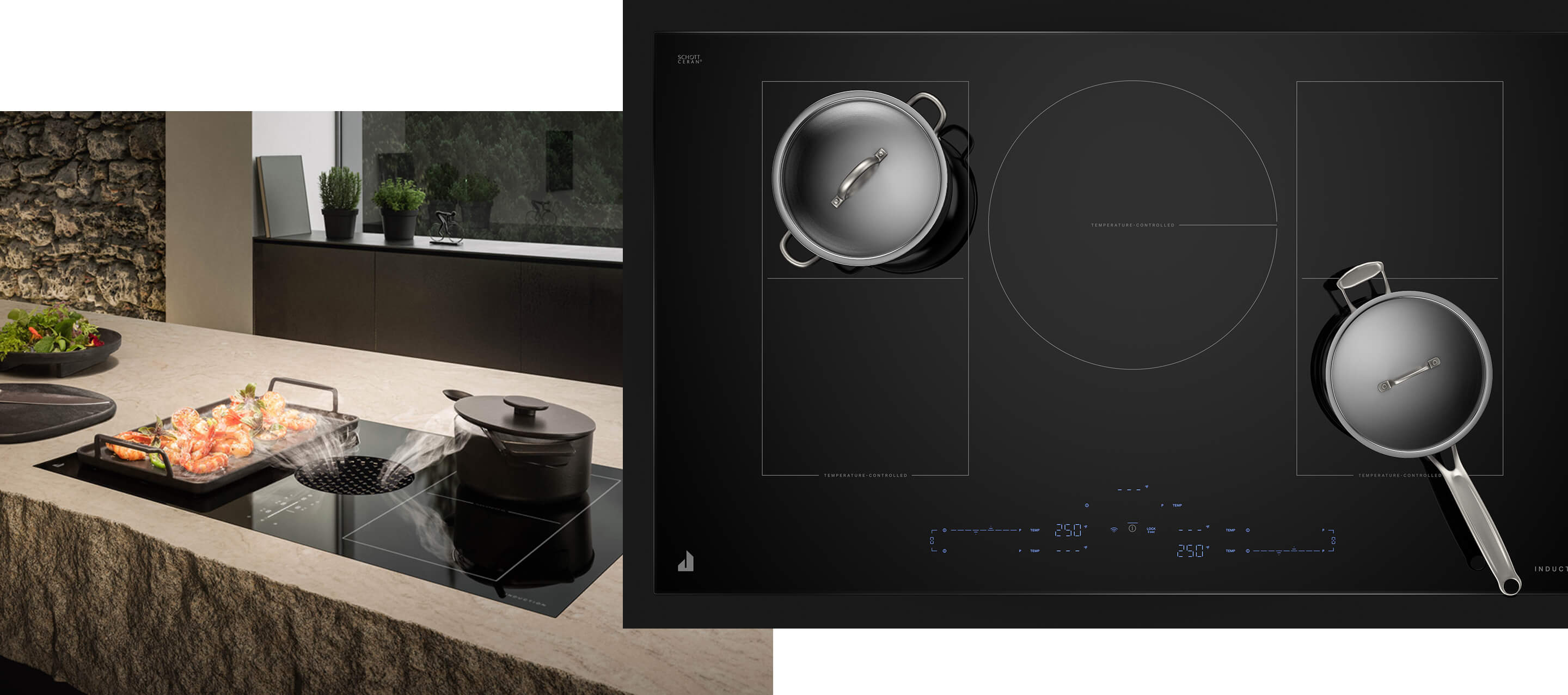 A collage of two images; the one on the right showing the downdraft function on the JennAir® NextGen Induction Downdraft Cooktop and the image on the left showing a top-down view of the JennAir® Induction Cooktop with Temperature Controlled Cooking.