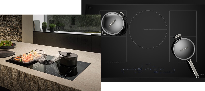 A collage of two images; the one on the right showing the downdraft function on the JennAir® NextGen Induction Downdraft Cooktop and the image on the left showing a top-down view of the JennAir® Induction Cooktop with Temperature Controlled Cooking.