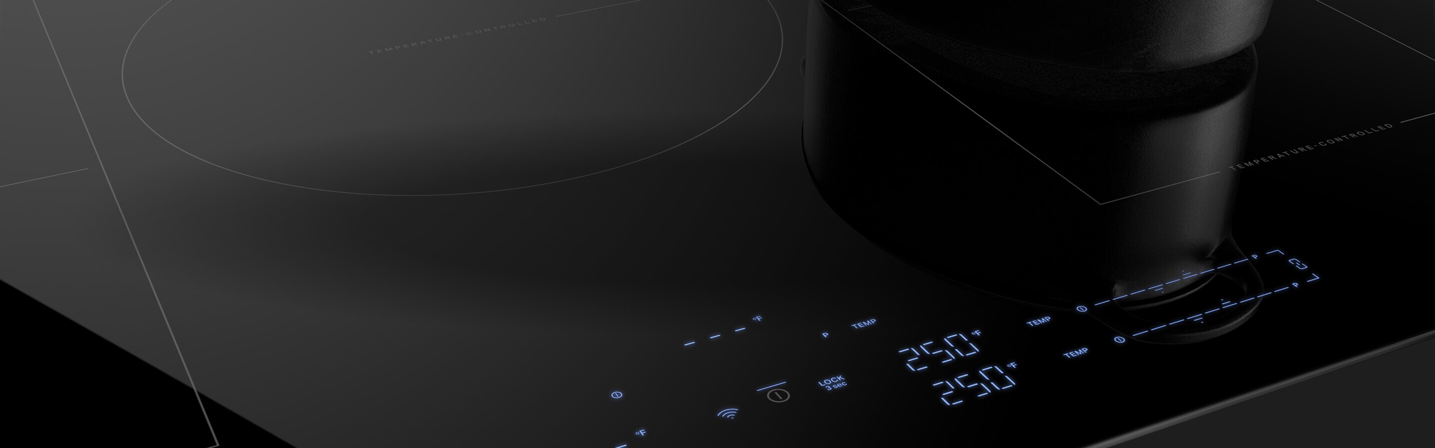Lit up controls on the new JennAir® Induction Cooktop with Temperature Controlled Cooking. 