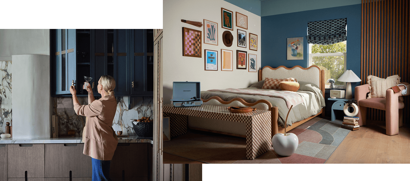 A person placing a glass into a blue cabinet. A bright room with prints on the wall and a record player at the foot of the bed.