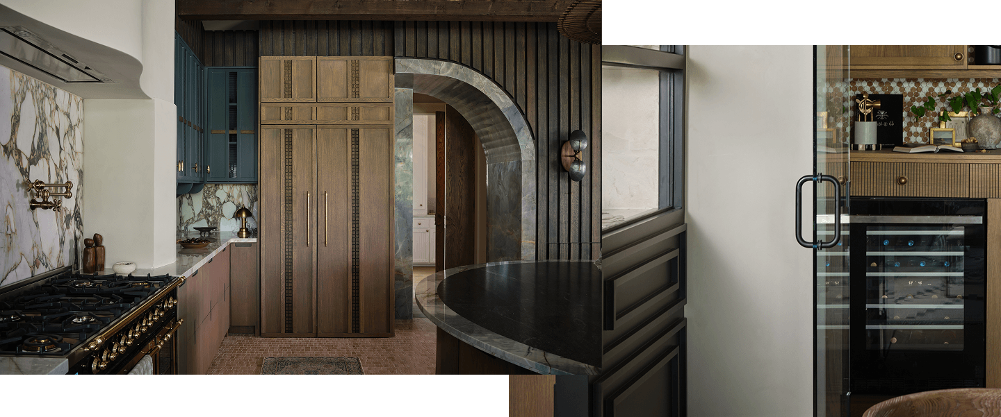 A dark kitchen with blue and brown cabinets. A JennAir® wine cellar filled with drinks. A dark kitchen with blue and brown cabinets. A JennAir® wine cellar filled with drinks.