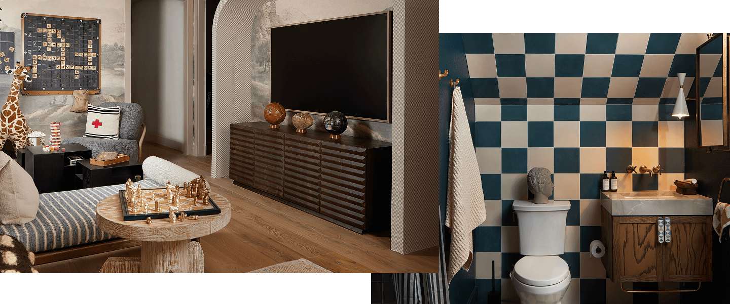 A room with a TV and a chess set next to a bench. A checkered bathroom with a brown bathroom cabinet.