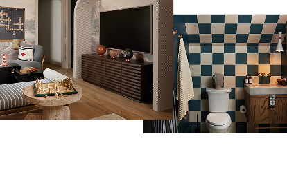 A room with a TV and a chess set next to a bench. A checkered bathroom with a brown bathroom cabinet. A room with a TV and a chess set next to a bench. A checkered bathroom with a brown bathroom cabinet.