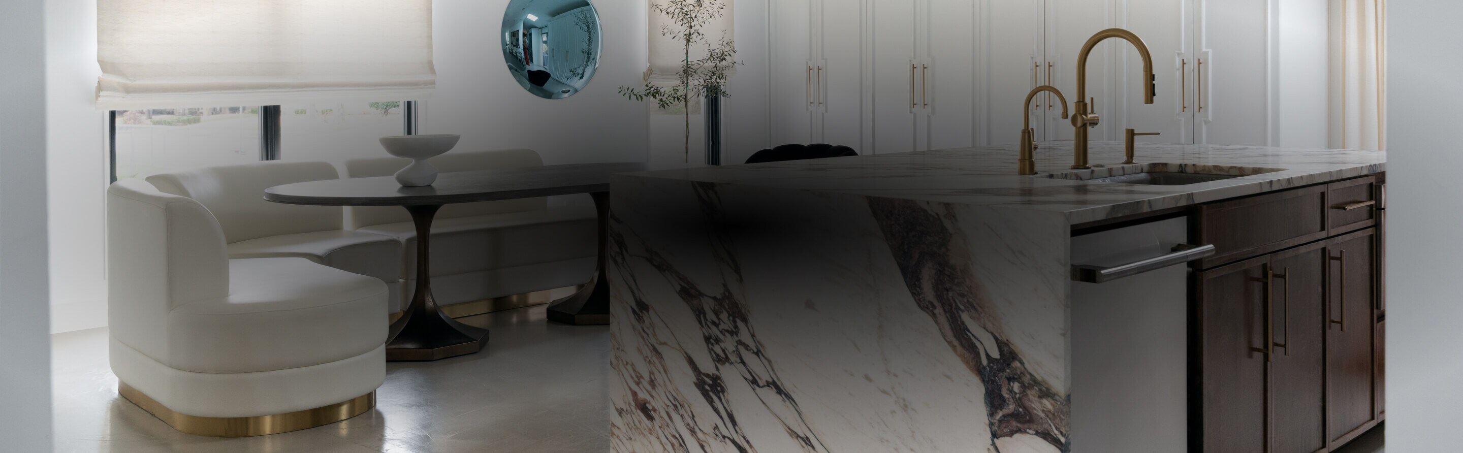 A close up of a white marble contemporary luxury kitchen designed by Nikki Chu.