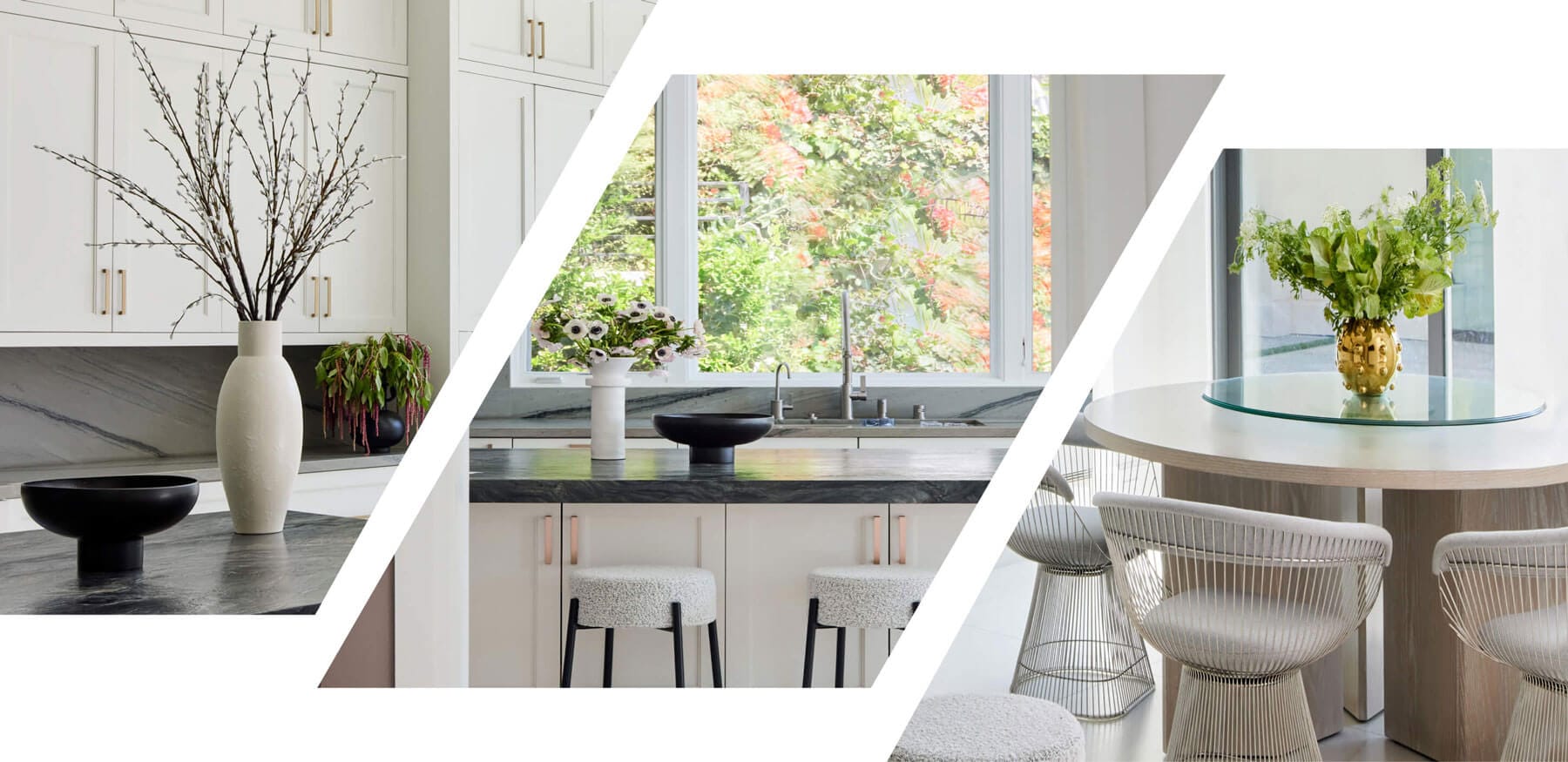 A series of images of a white, well-lit kitchen with lots of natural fibers, glass and stone. Designed by Nina Takesh.