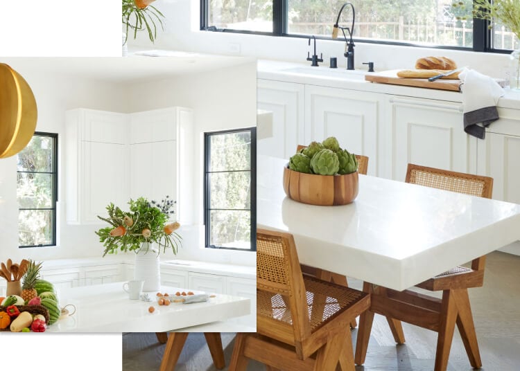 A bold, white kitchen featuring a lot of white marble and plenty of organic wood. Designed by Nina Takesh.