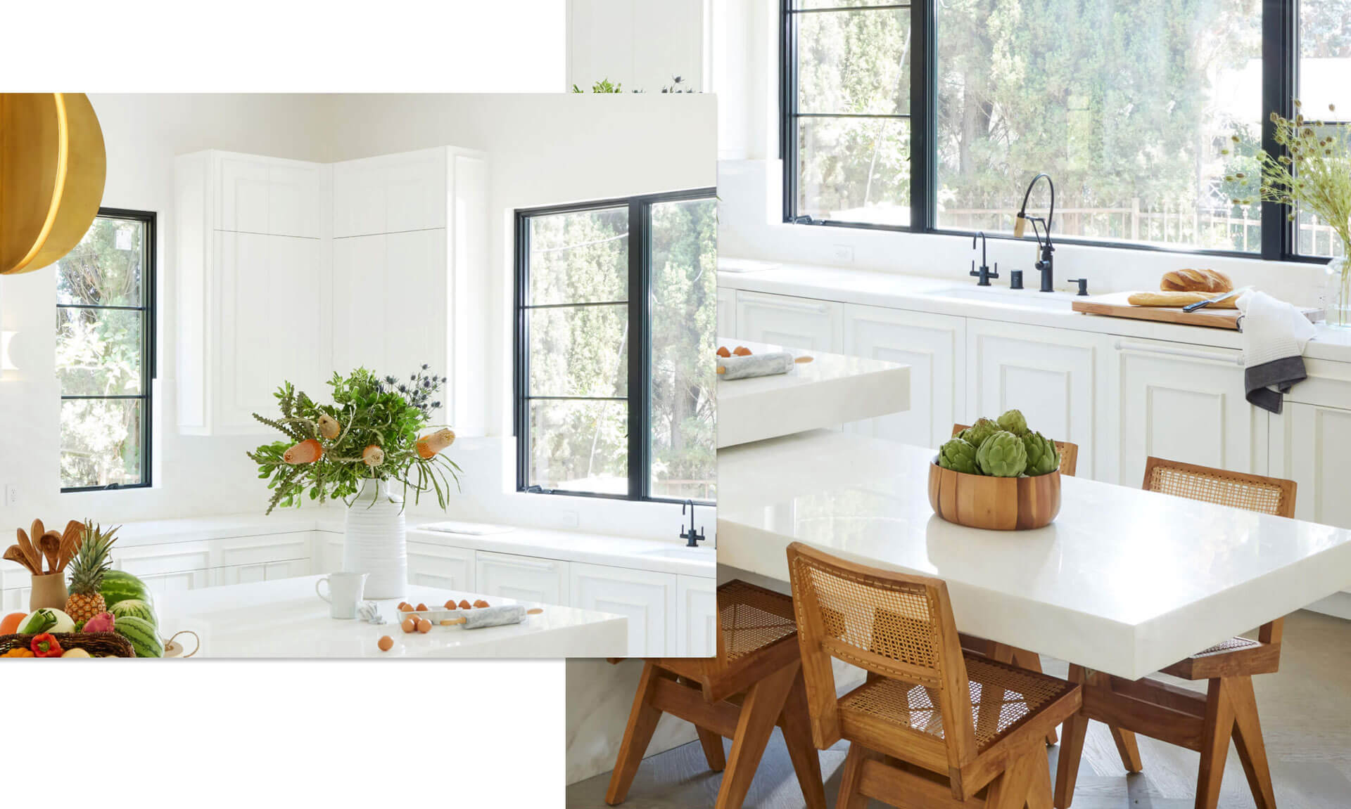 A bold, white kitchen featuring a lot of white marble and plenty of organic wood. Designed by Nina Takesh.