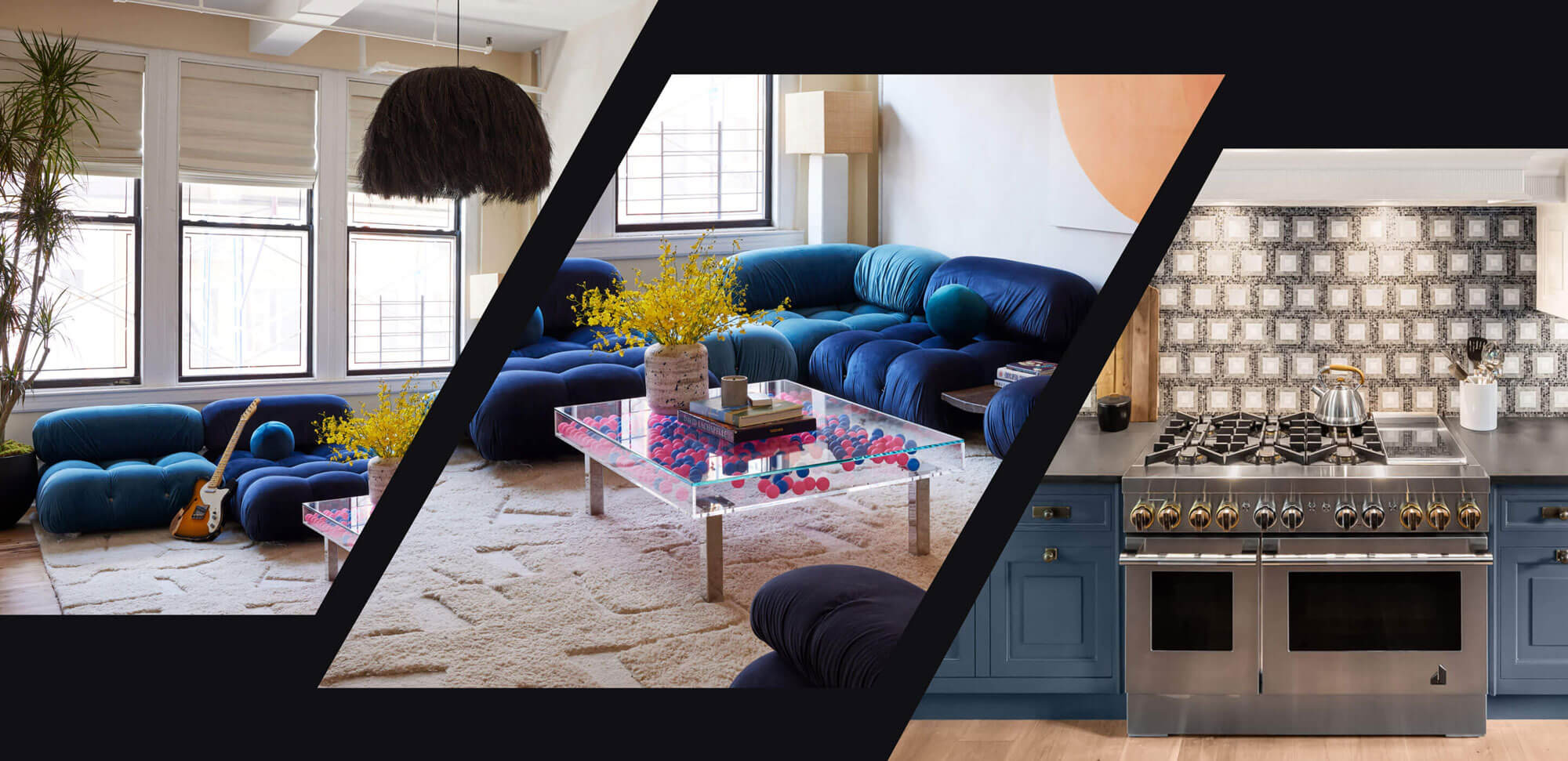 A collage of a loft apartment filled with fun color and texture, paired with a blue kitchen featuring a JennAir® Professional-Style Range. A collage of a loft apartment filled with fun color and texture, paired with a blue kitchen featuring a JennAir® Professional-Style Range.