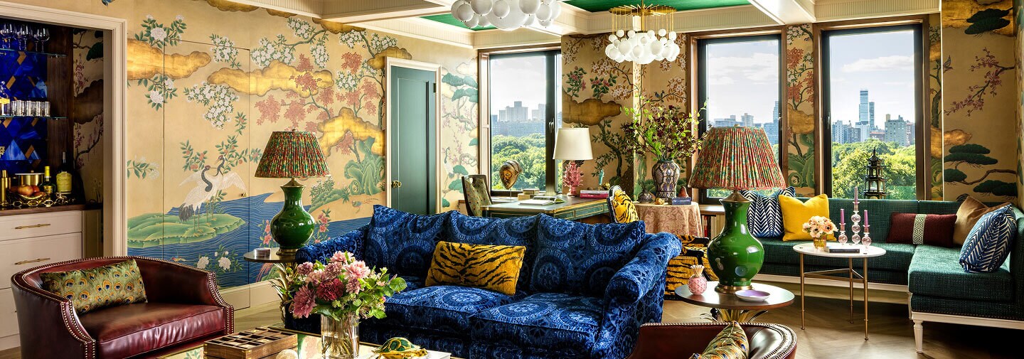 A colorful, patterned living room designed by Corey Damen Jenkins.