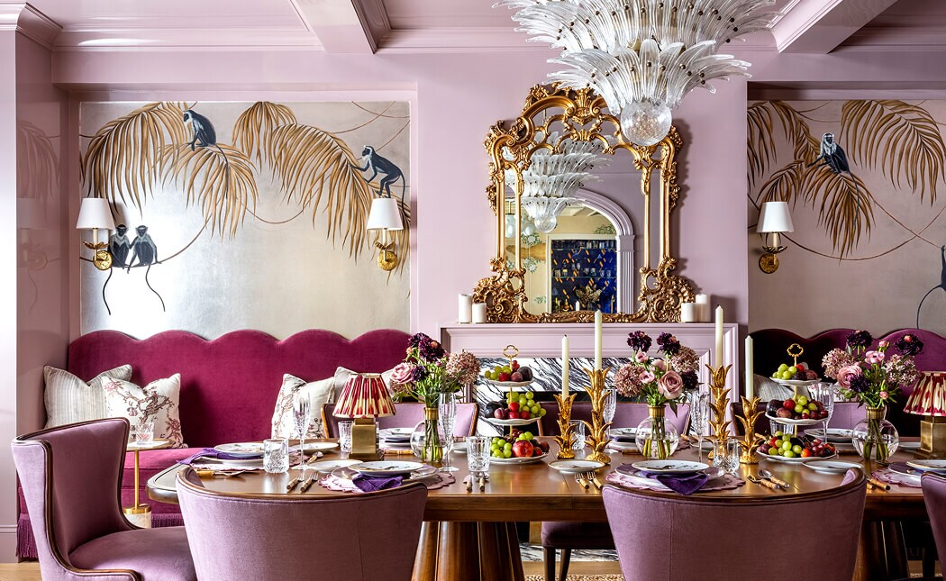A bold pink dining room designed by Corey Damen Jenkins. A bold pink dining room designed by Corey Damen Jenkins.
