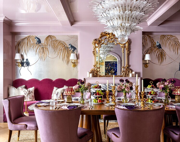 A bold pink dining room designed by Corey Damen Jenkins.