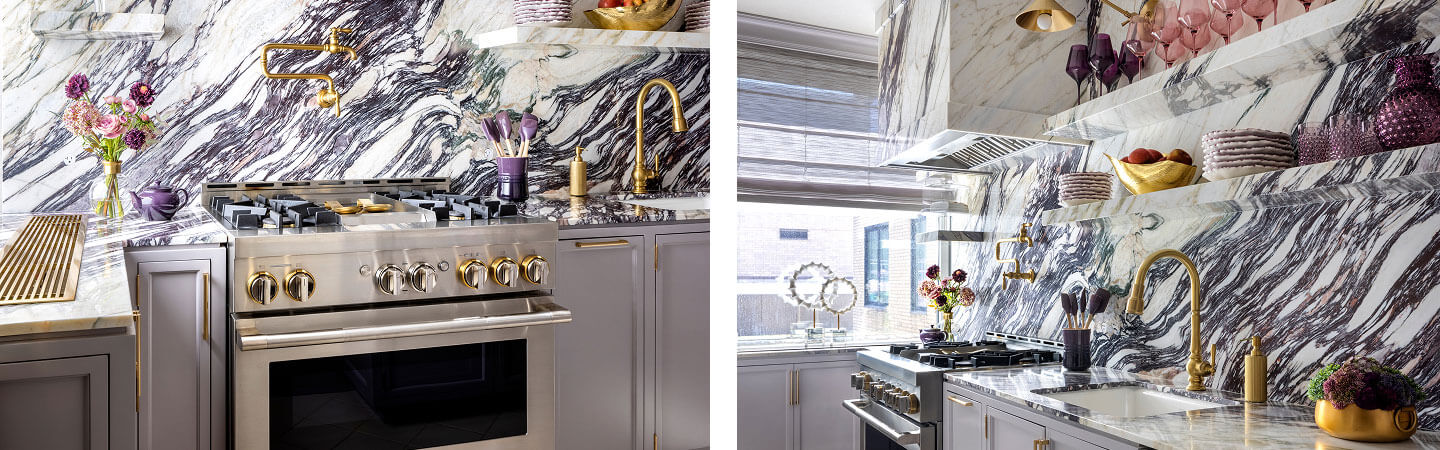 A pair of images featuring a marble kitchen designed by Corey Damen Jenkins.