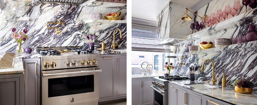 A pair of images featuring a marble kitchen designed by Corey Damen Jenkins. A pair of images featuring a marble kitchen designed by Corey Damen Jenkins.