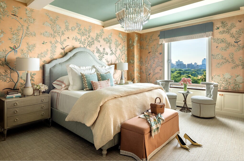 A peach and sage bedroom designed by Corey Damen Jenkins.