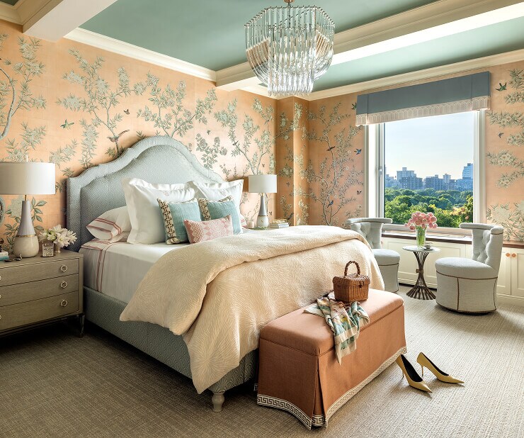 A peach and sage bedroom designed by Corey Damen Jenkins. A peach and sage bedroom designed by Corey Damen Jenkins.