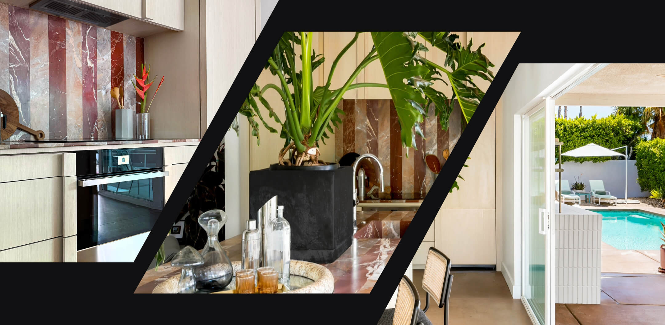 A collage of three images, with the first showing a JennAir® oven in the NOIR™ Design Expression, the second showing a large monstera on the island of the kitchen and the third showing the sliding doors leading to the backyard of the home.